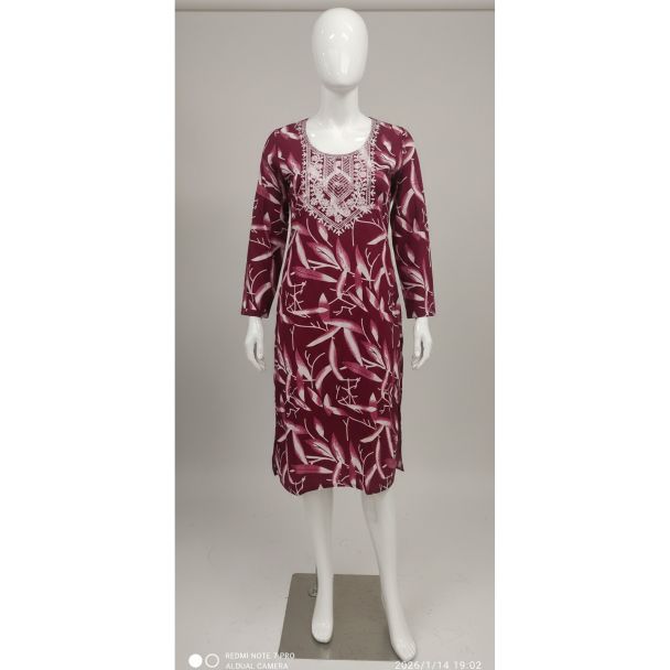 Maroon floral print rayon kurti with full sleeves and straight cut - Gangavathi Exports