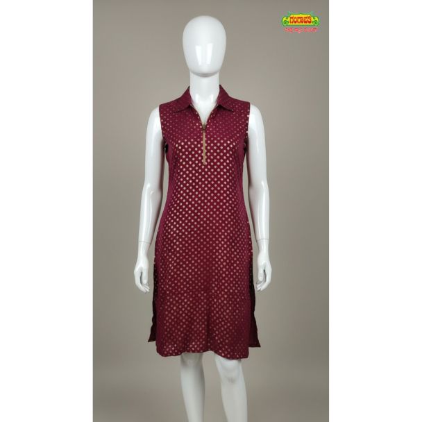Maroon geometric print sleeveless kurti with zipper neckline India