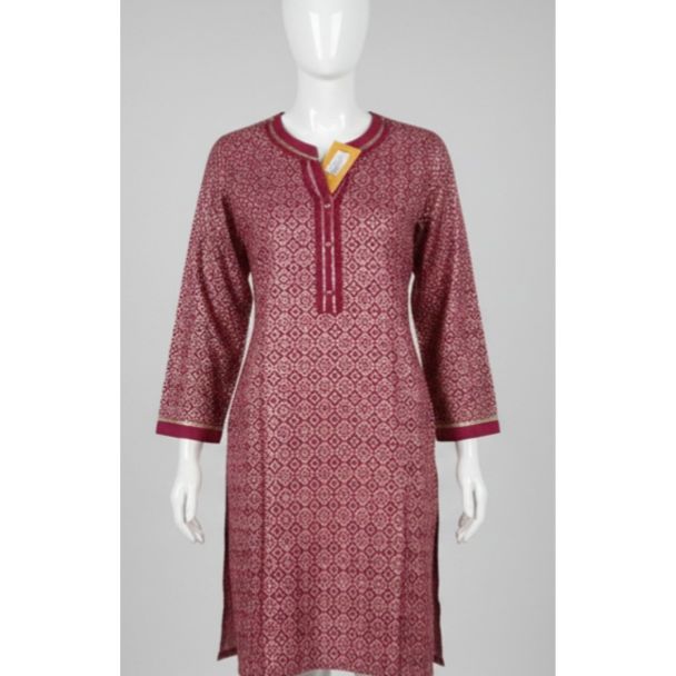 Maroon geometric print straight cut kurti with 3/4 sleeves on a mannequin India