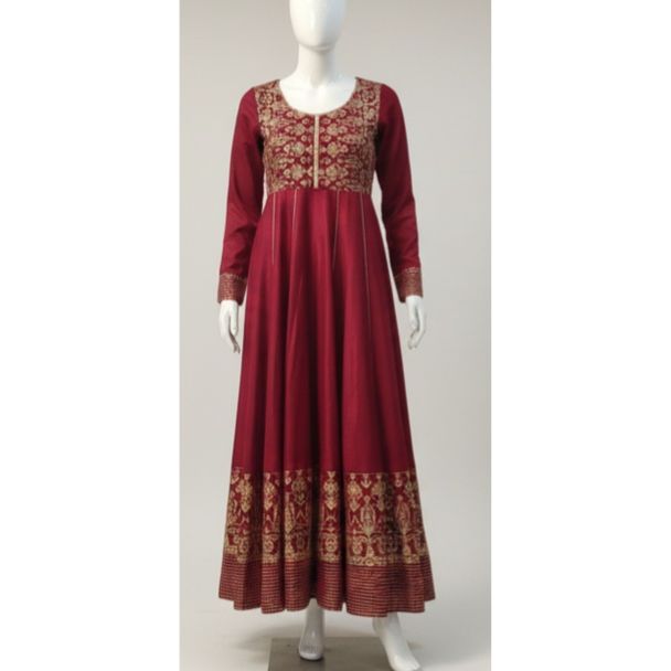 Maroon gold embroidered party wear A-line kurti India