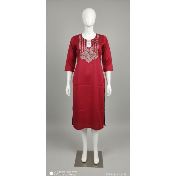 Maroon straight rayon kurti with gold embroidery and 3/4 sleeves