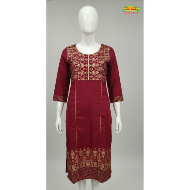 Maroon gold print cotton kurti 3/4 sleeve straight fit - Gangavathi Exports
