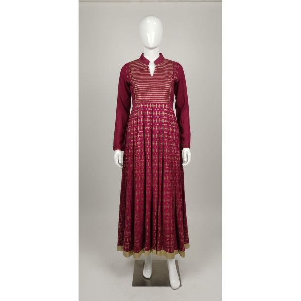 Maroon Anarkali style kurta dress with gold horizontal stripe yoke and geometric print skirt