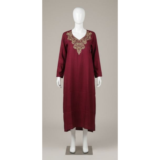 Maroon ankle length kurti on a mannequin featuring heavy golden V-neck embroidery India