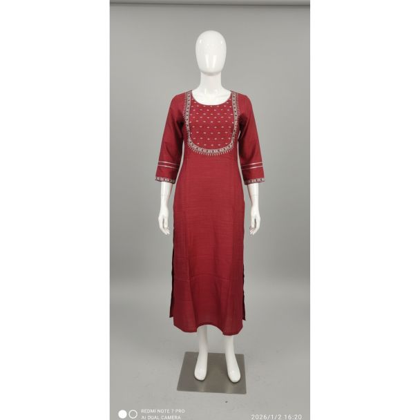 Maroon solid A-line kurti with 3/4 sleeves and white yoke embroidery display