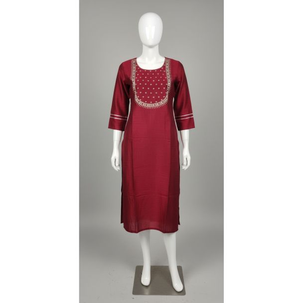 Maroon straight cut kurti on a mannequin featuring 3/4 sleeves and heavy yoke embroidery India