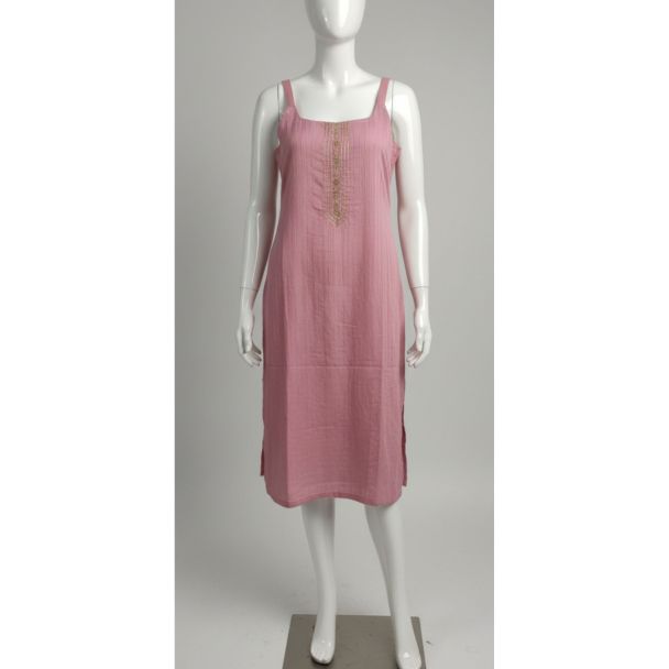 Mauve sleeveless slub cotton kurti with gold chest embroidery