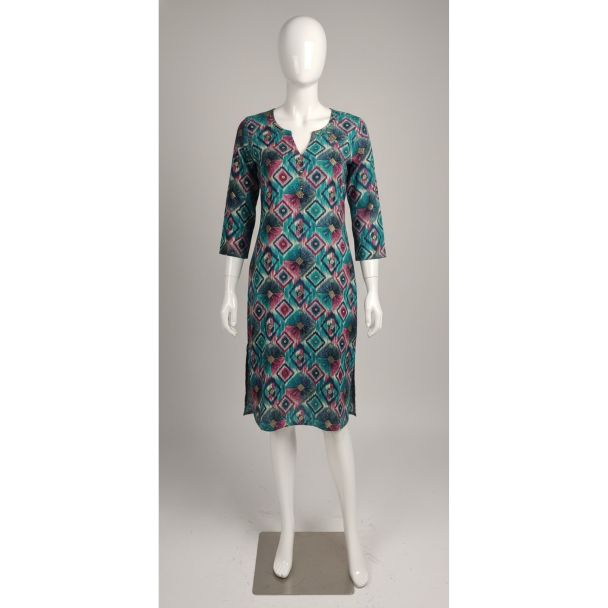 Multi-color geometric print rayon blend kurti 3/4 sleeve straight fit - Gangavathi Exports