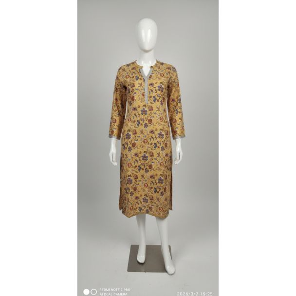 Mustard floral cotton kurti 3/4 sleeve A-line India