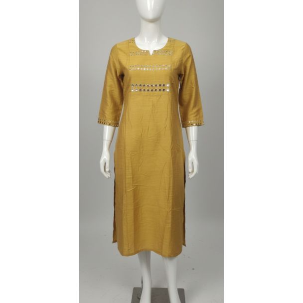 Mustard yellow straight cut kurti with mirror work on yoke and cuffs displayed on a mannequin in India