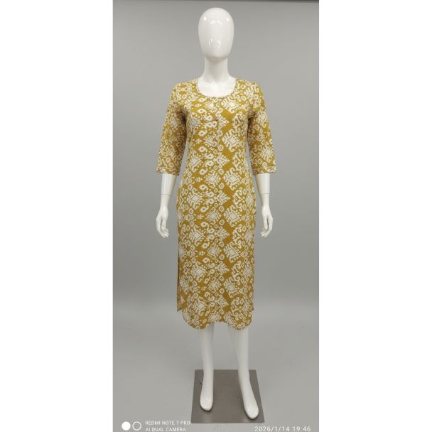 Mustard yellow abstract print cotton kurti with 3/4 sleeves - Gangavathi Exports