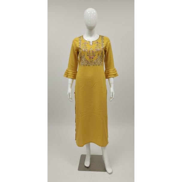 Mustard yellow embroidered kurti 3/4 sleeve A-line India