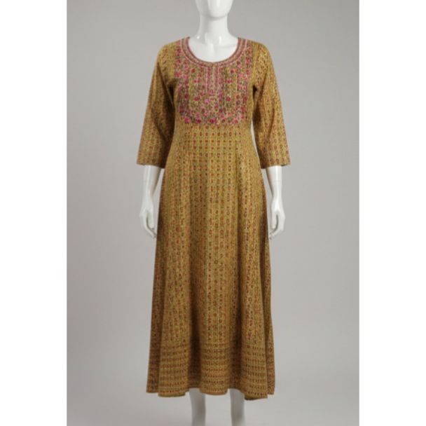 Mustard yellow embroidered cotton kurti with 3/4 sleeves and A-line fit - Gangavathi Exports