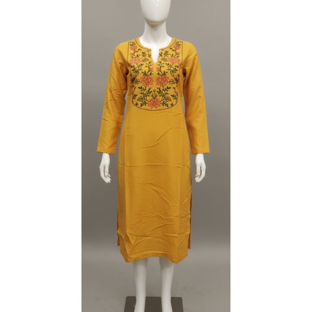 Mustard yellow embroidered cotton kurti with full sleeves and a straight cut - Gangavathi Exports