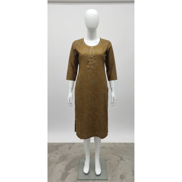 Mustard Yellow floral cotton kurti 3/4 sleeve A-line - Gangavathi Exports