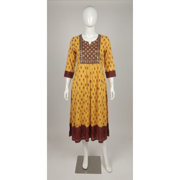 Mustard yellow printed cotton kurti 3/4 sleeve A-line - Gangavathi Exports