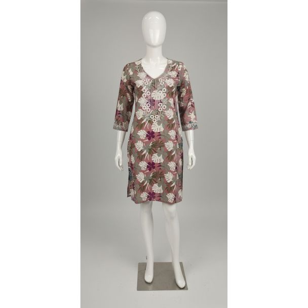 Muted taupe tropical print kurti with white thread embroidered V-neck and 3/4 sleeves - Gangavathi Exports