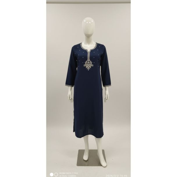 Navy blue embroidered cotton kurti 3/4 sleeve India