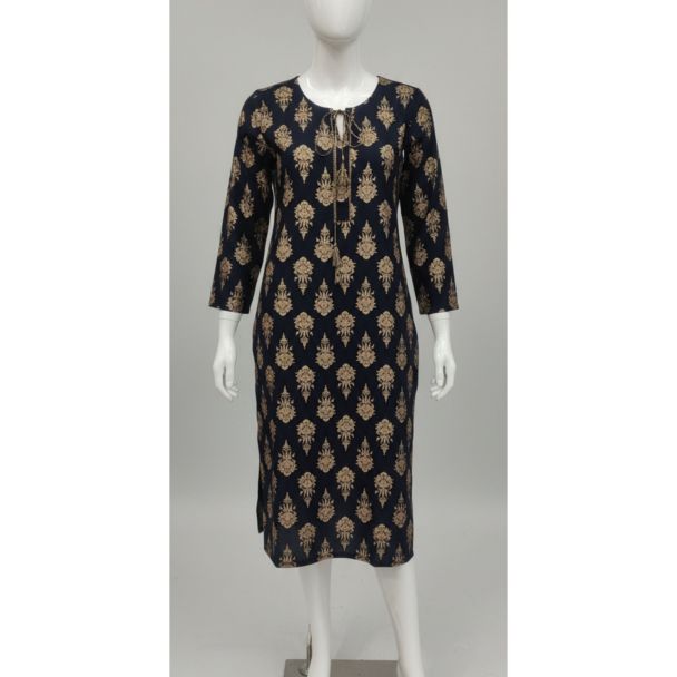 Navy blue floral cotton kurti 3/4 sleeve A-line - Gangavathi Exports