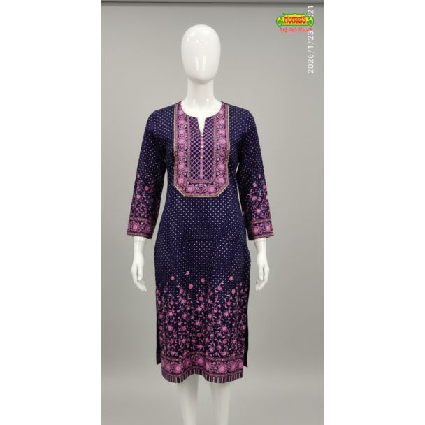 Navy blue floral cotton kurti 3/4 sleeve A-line - Gangavathi Exports