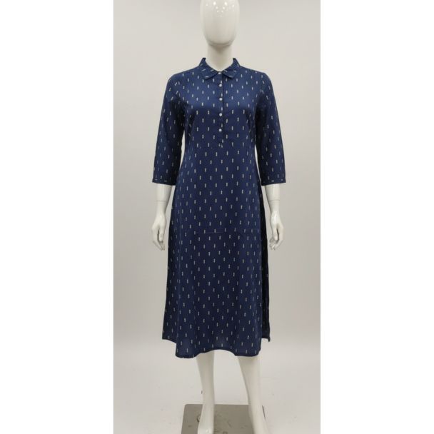Navy blue ikat print cotton kurti 3/4 sleeve collared - Gangavathi Exports