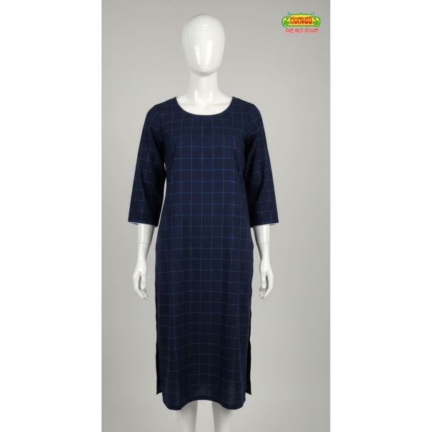 Navy blue tunic dress on mannequin featuring a subtle plaid pattern and 3/4 sleeves