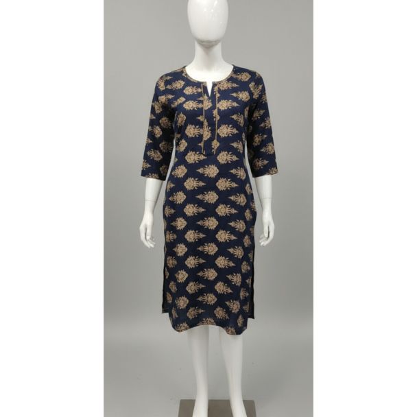 Navy blue printed cotton kurti 3/4 sleeve A-line - Gangavathi Exports