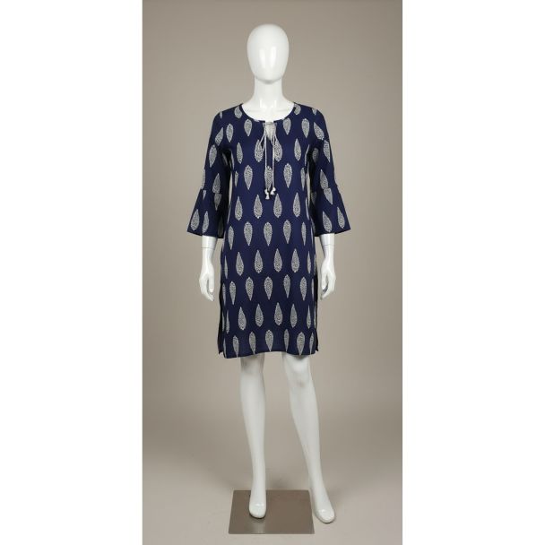 Navy blue cotton kurti with white paisley print, 3/4 bell sleeves, and tassel neckline on a mannequin.