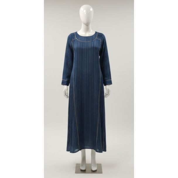Navy blue vertically striped long kurti with full sleeves on a mannequin India