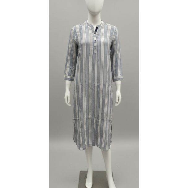 Navy blue and white striped cotton kurti with 3/4 sleeves and a mandarin collar - Gangavathi Exports