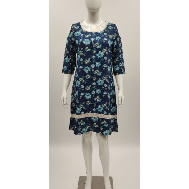 Navy blue floral print cotton tunic dress with 3/4 cold-shoulder sleeves on a mannequin