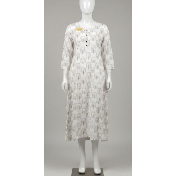 Off-white cotton A-line kurti with grey tree print and 3/4 sleeves