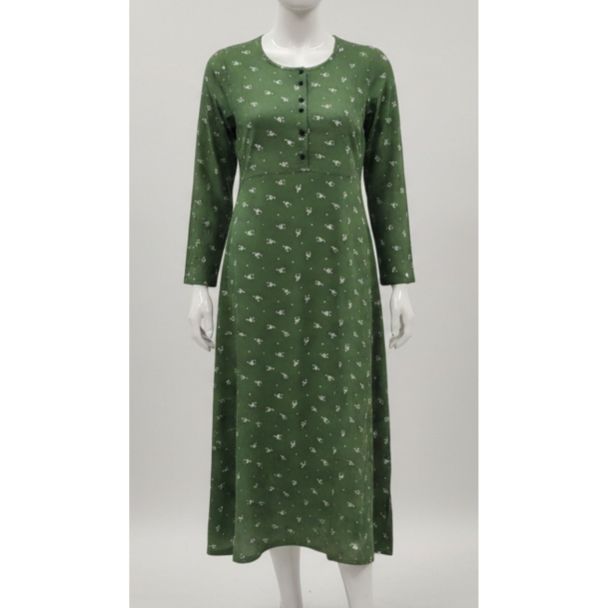 Full length view of an olive green kurti with a small white floral print and long sleeves on a mannequin.