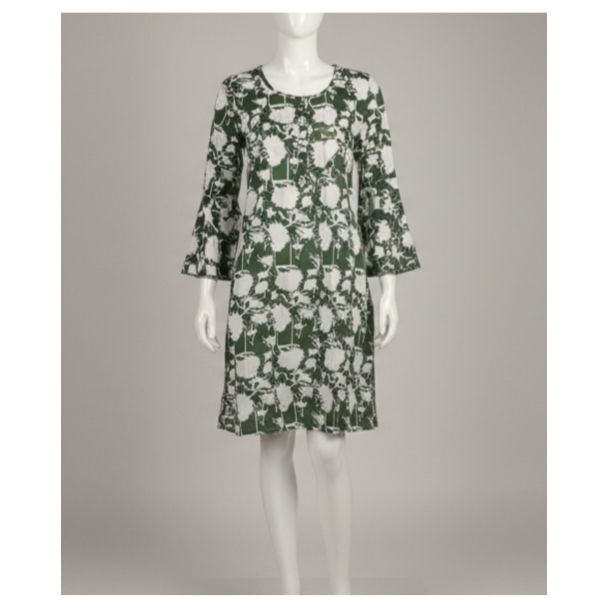 Olive green floral print cotton dress with bell sleeves