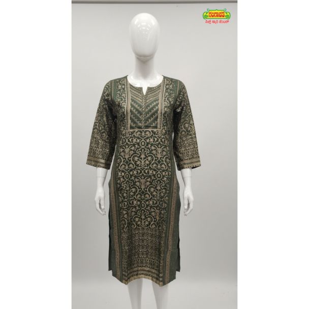 Olive Green straight cut kurti with antique gold foil print and 3/4 sleeves - Gangavathi Exports