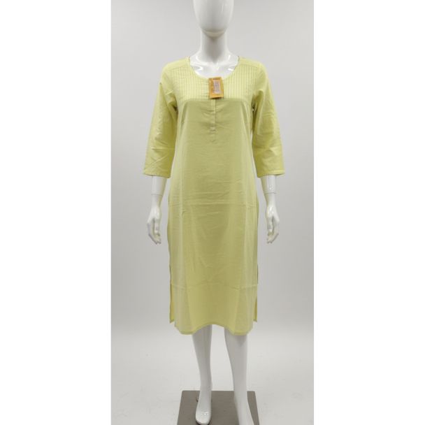 Pale yellow striped cotton kurti with 3/4 sleeves and A-line fit - Gangavathi Exports