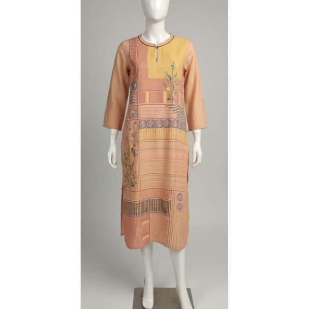 Pastel color block print straight fit cotton kurti 3/4 sleeve displayed on a mannequin