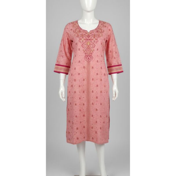 Peach floral cotton kurti with 3/4 sleeves and embroidery - Gangavathi Exports