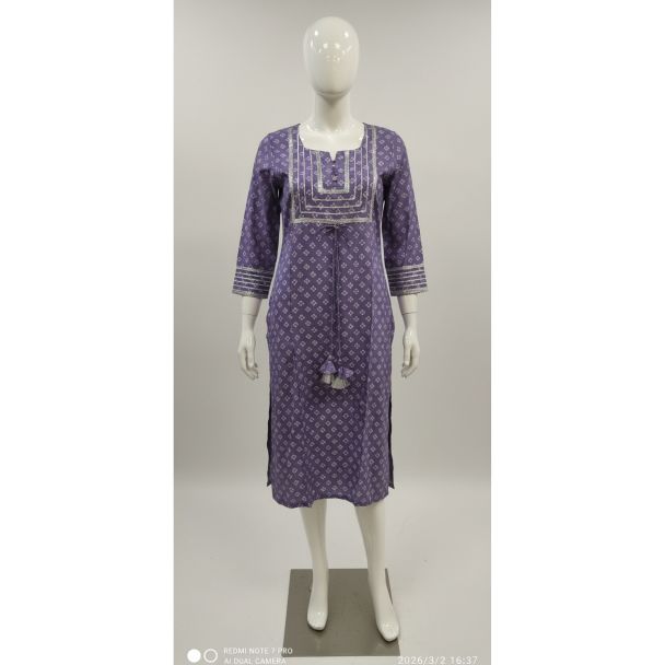 Periwinkle geometric cotton kurti 3/4 sleeve straight fit India