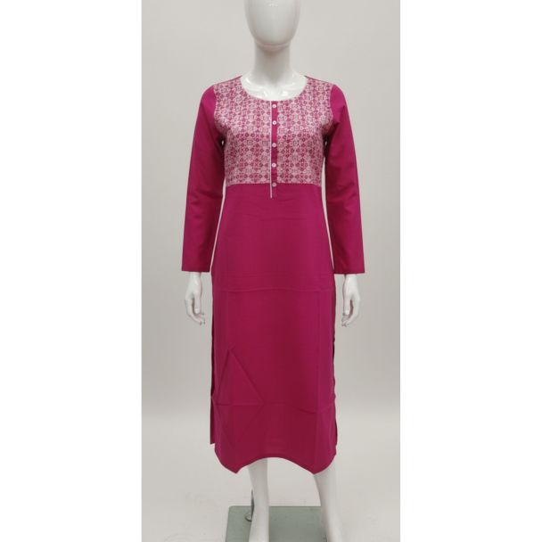 Vibrant pink cotton kurti with geometric yoke and 3/4 sleeves