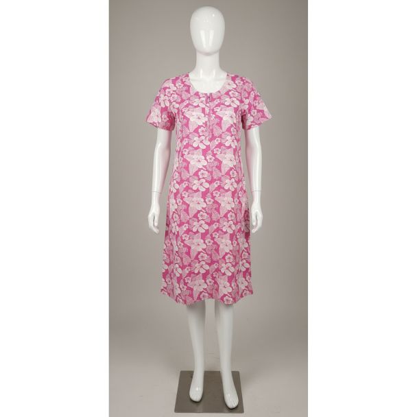 Pink and white all-over floral print short sleeve knee length dress on a white mannequin