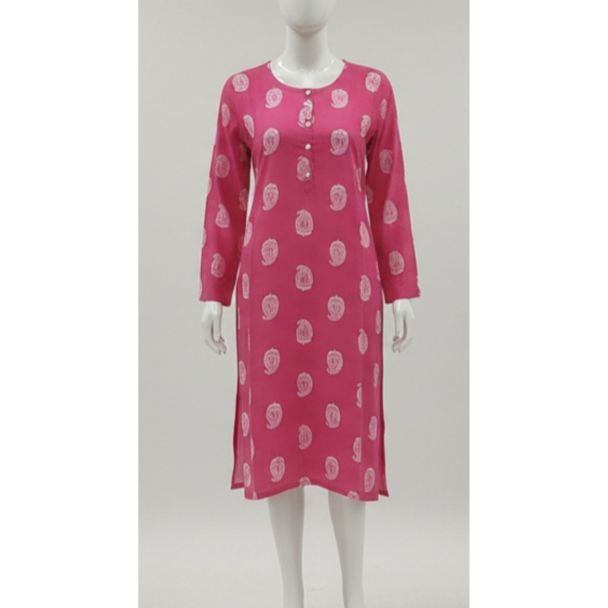 Pink paisley print cotton kurti with full sleeves and straight cut