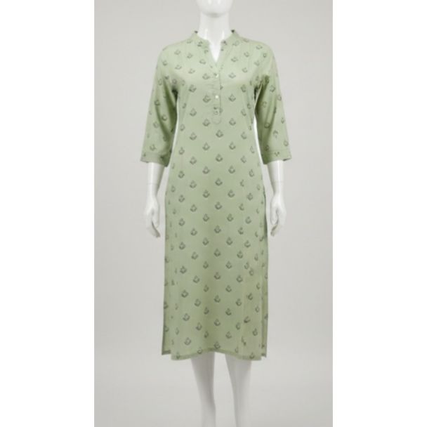 Pistachio green printed cotton kurti with 3/4 sleeves and mandarin collar