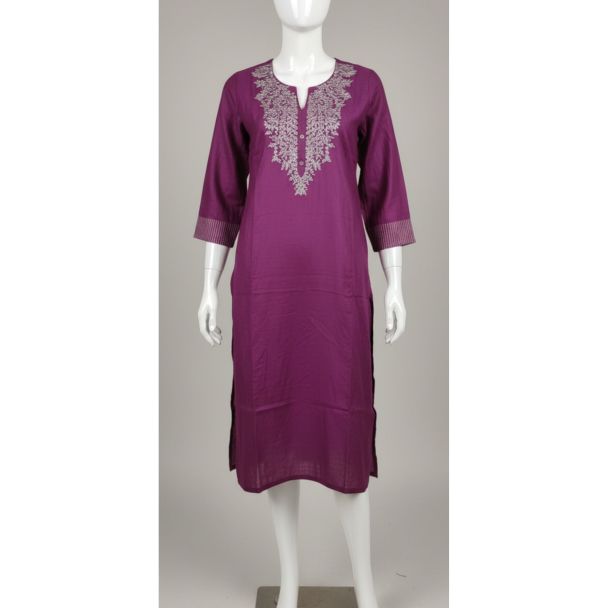 Plum embroidered cotton kurti 3/4 sleeve A-line India