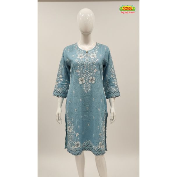 Powder blue floral cotton kurti with 3/4 sleeves and straight hem