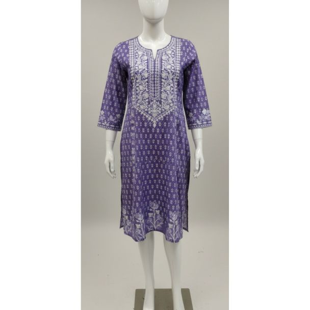 Purple white print cotton kurti 3/4 sleeve A-line India