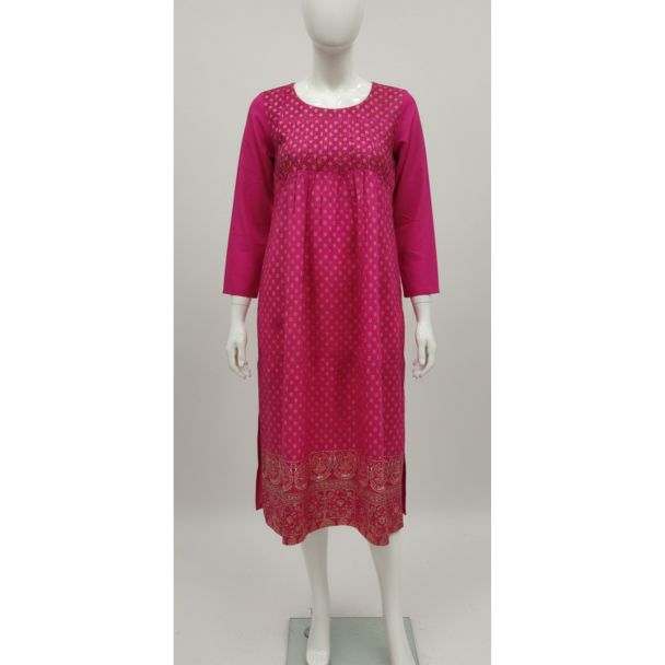 Rani pink cotton A-line kurti with 3/4 sleeves and gold patterned hem, displayed on a mannequin.