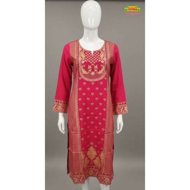 Red embroidered A-line kurti with full sleeves - Gangavathi Exports
