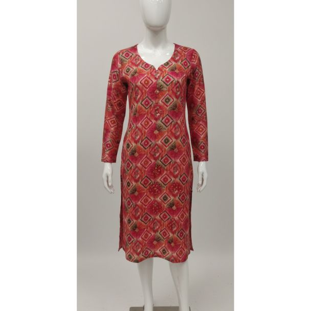 Red geometric print rayon kurti with full sleeves and V-neck - Gangavathi Exports
