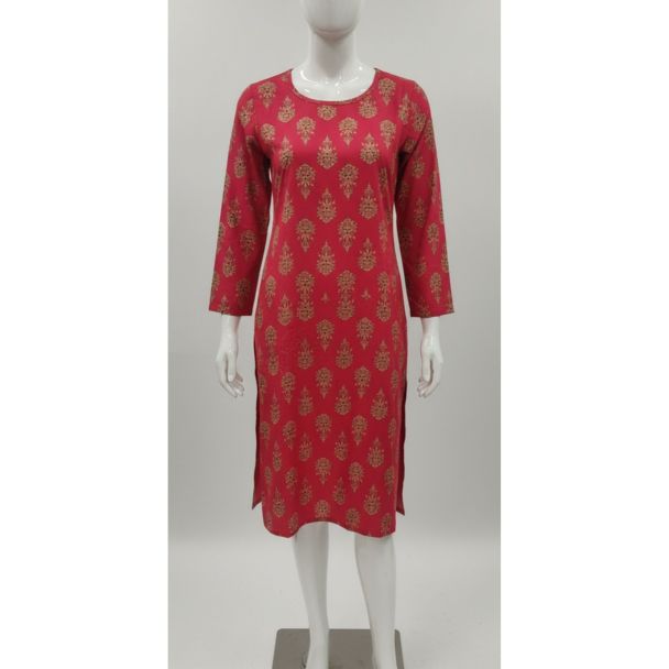 Red printed cotton kurti with 3/4 sleeves and A-line fit - Gangavathi Exports